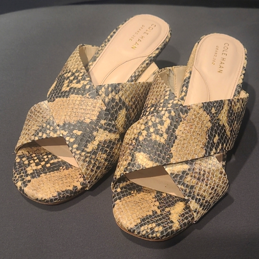 Cole Haan Tan and Black Wedge Slide Sandals with Snakeskin Pattern